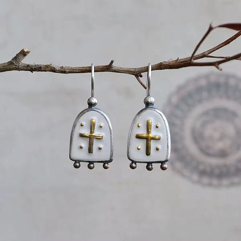 Wholesale Vintage gold cross personality earrings creative  geometric white enamel pendant earrings