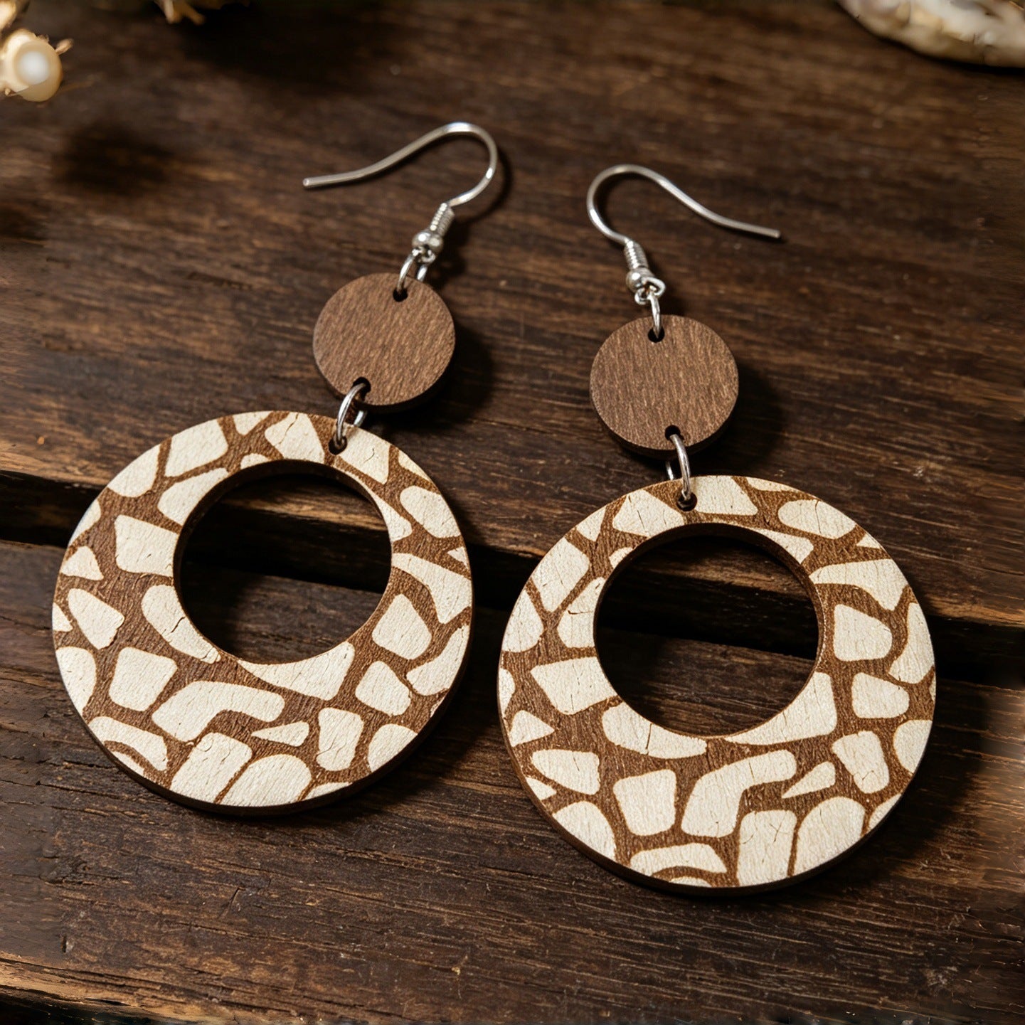 Wholesale Wooden Boho Geometric Dangle Earrings Vintage Stone Grain Double Layer Design For Casual Everyday Wear And Gift