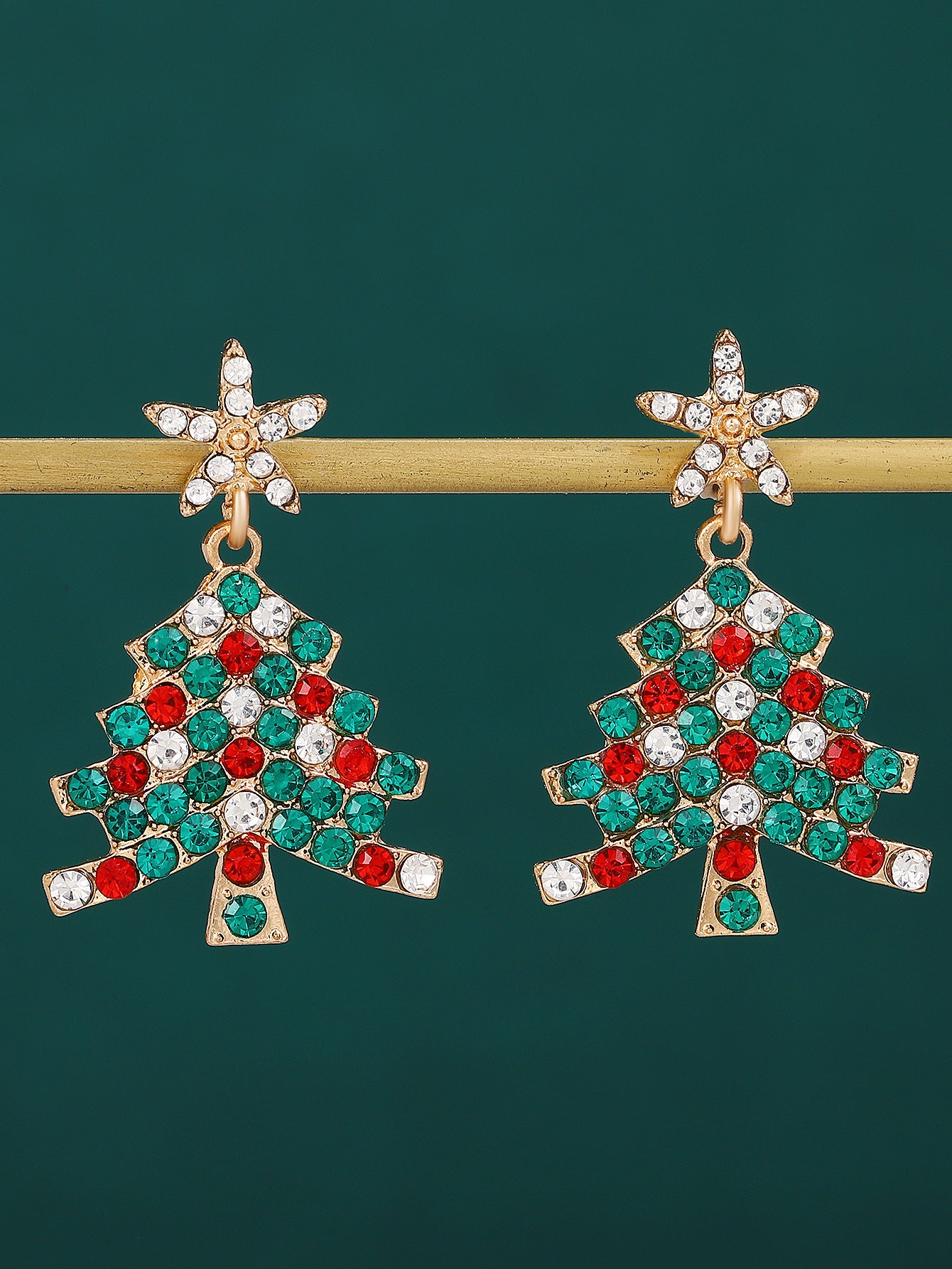 Wholesale Christmas Tree Earrings For Women Colorful Rhinestone Gold Tone Party Jewelry Gift