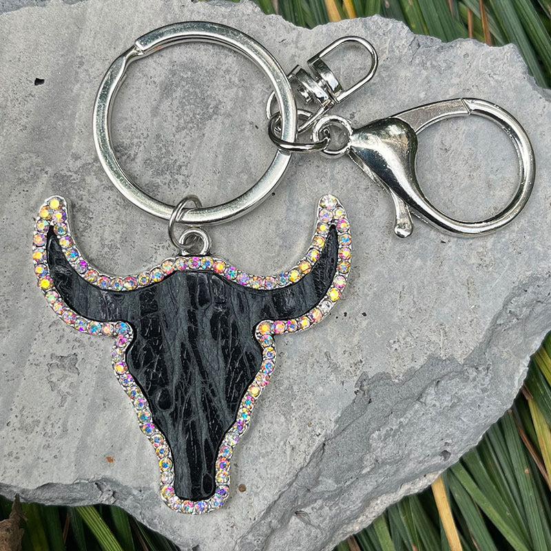 Wholesale 2pcs/pack Vintage Embossed Cowhide Shining Rhinestone Cowhead Western Style Genuine Leather Keychain ACC-KC-HY004