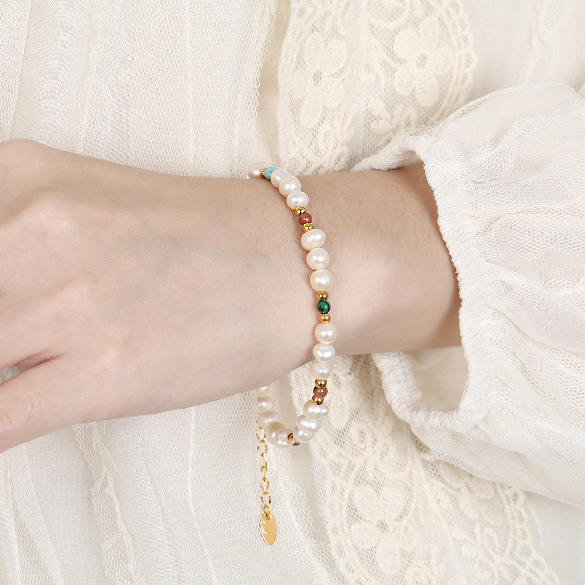 Wholesale Bohemian light luxury natural stone freshwater pearl titanium steel bracelet