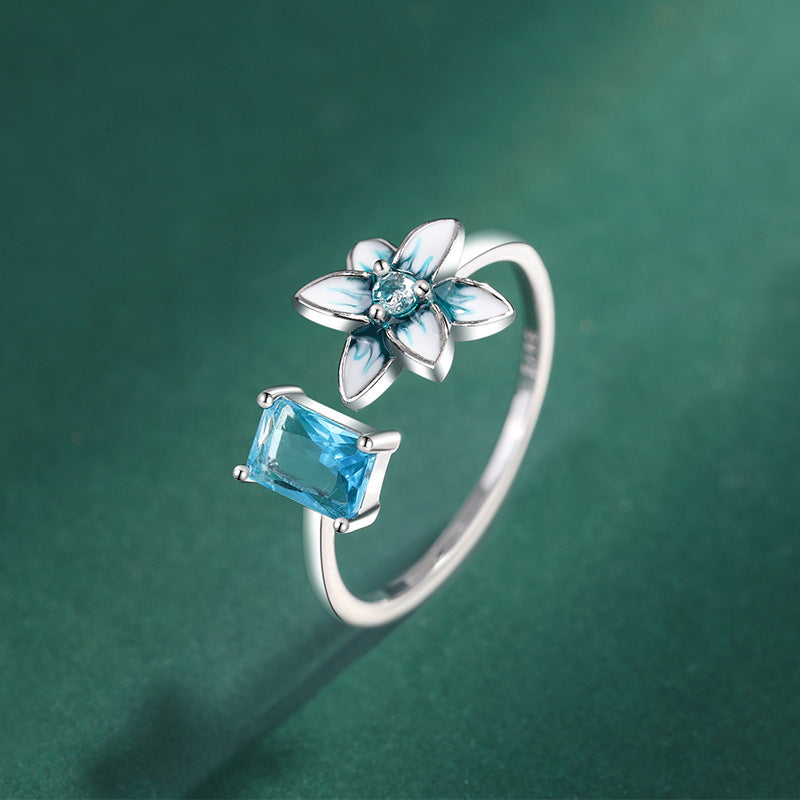 Wholesale Blue Flower Ring 925 Silver Open Adjustable Enamel Ring