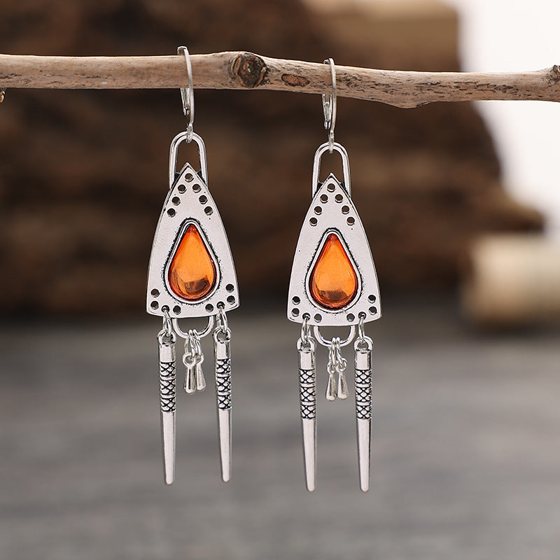Wholesale Retro Tribal Geometric Amber Triangle Tassel Earrings - Silver Alloy Jewelry,  Party Wear Fashion Accessory