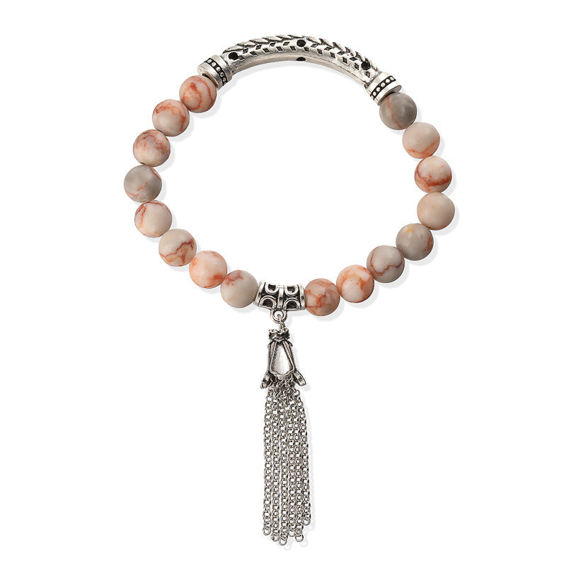 Wholesale Retro Chic Antique Silver Tone Stone Bead Bracelet With Tassel Pendant Heart Shaped 16 Beads Unisex Wedding Gift Fashion Accessory