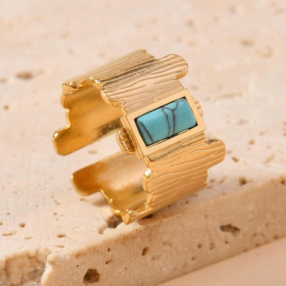 Wholesale Vintage Bohemian Open Stainless Steel Ring with Turquoise Inlay Jewelry Accessory
