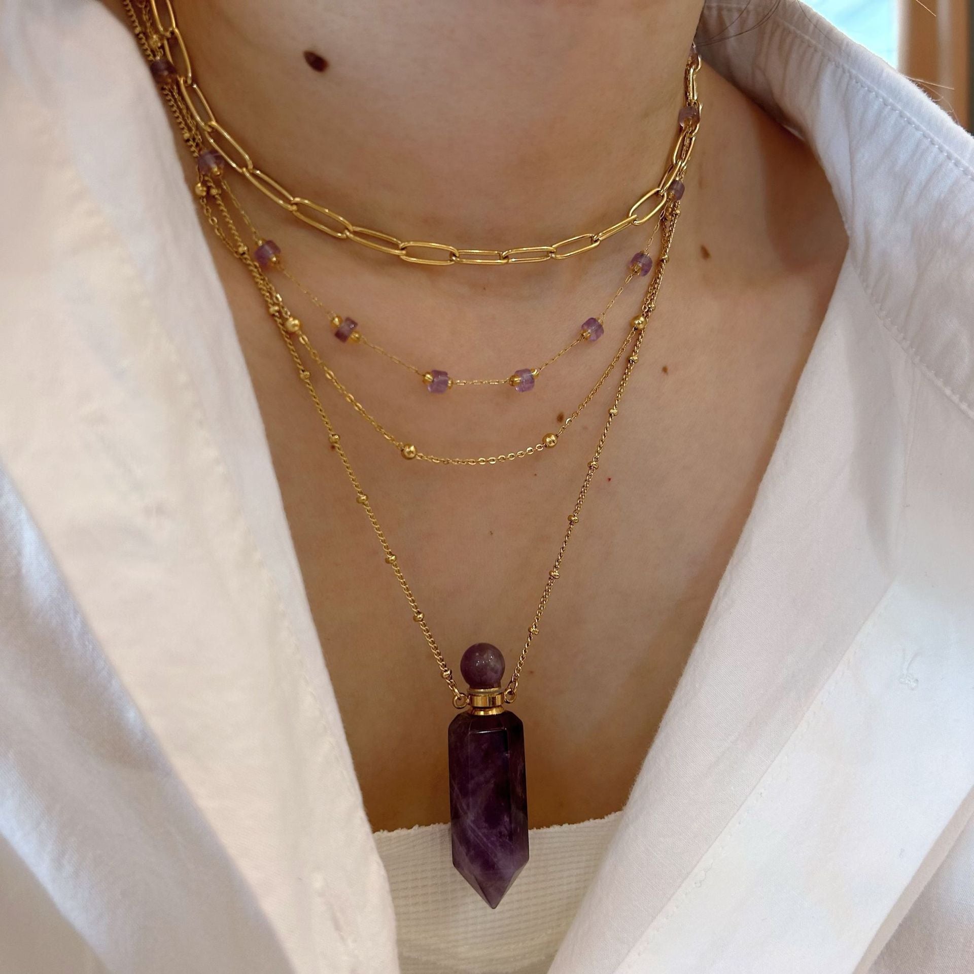 Wholesale  Amethyst Beaded Necklace Perfume Bottle Natural Stone Stainless Steel Jewelry