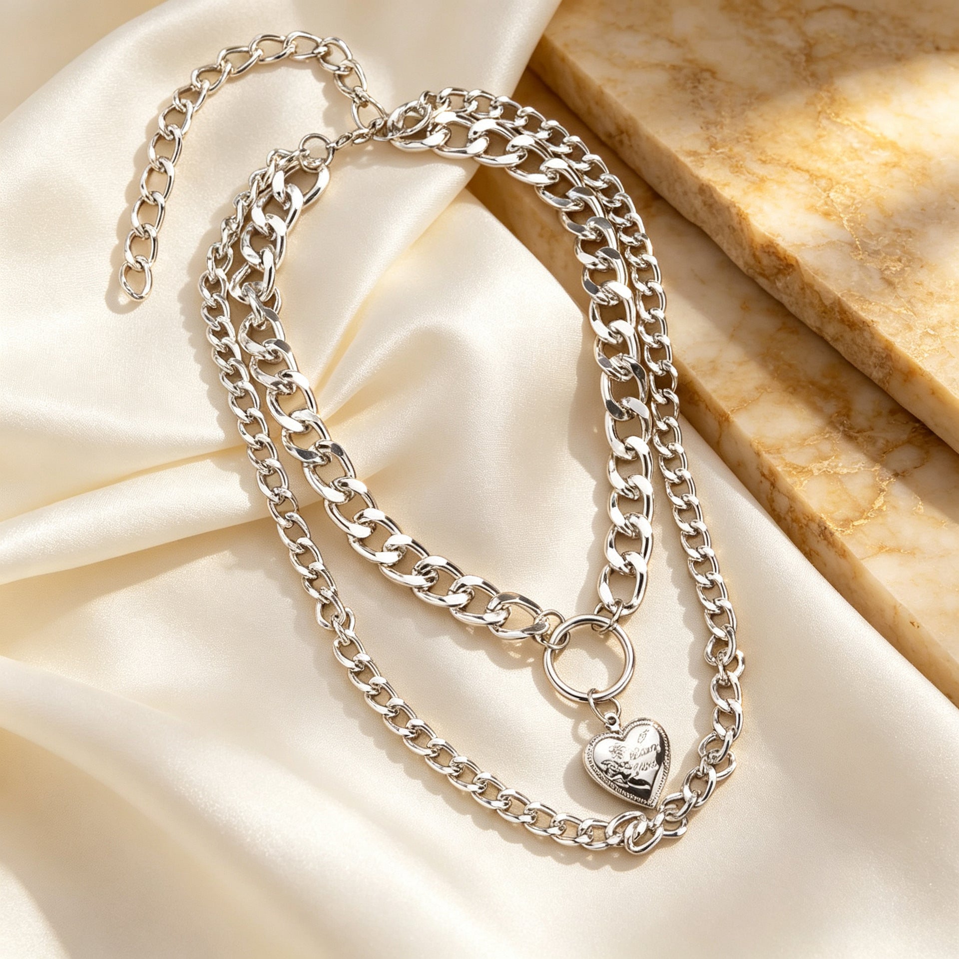 Wholesale Two Tone Metal Double Chain Necklace Heart Pendant Chic Layering Fashion Accessory Boutique Resale