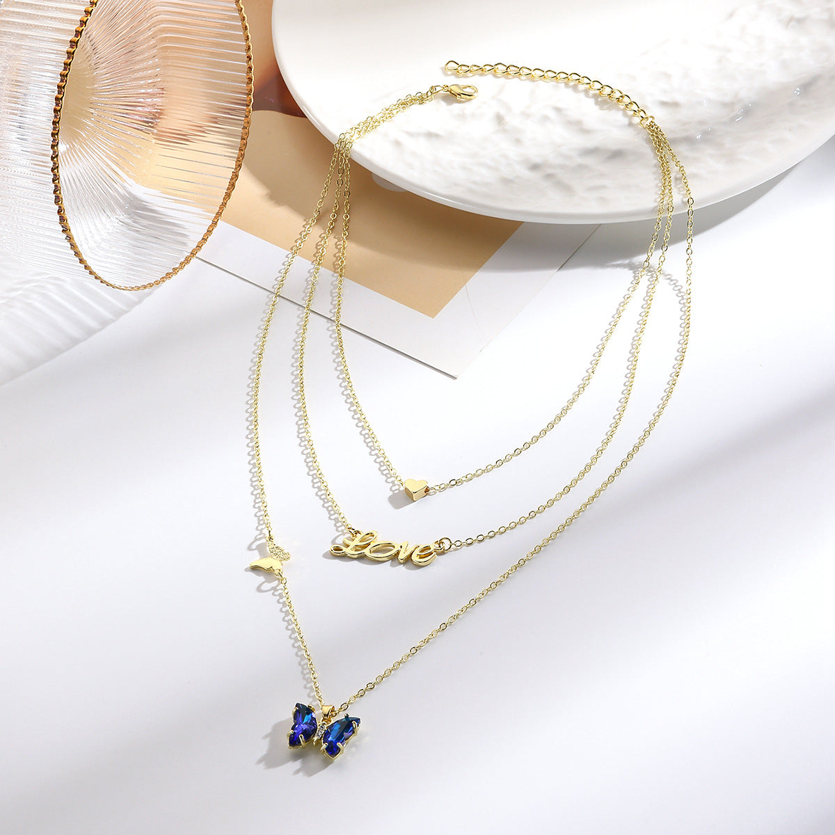 Wholesale Light Luxury Blue Crystal Butterfly Pendant  Necklace