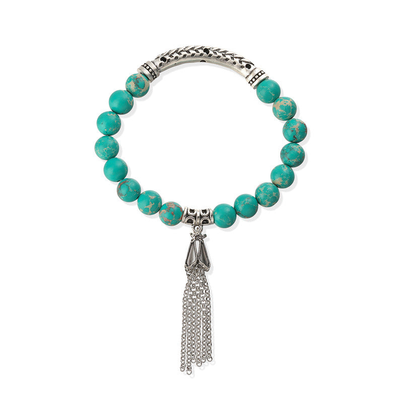 Wholesale Retro Chic Antique Silver Tone Stone Bead Bracelet With Tassel Pendant Heart Shaped 16 Beads Unisex Wedding Gift Fashion Accessory