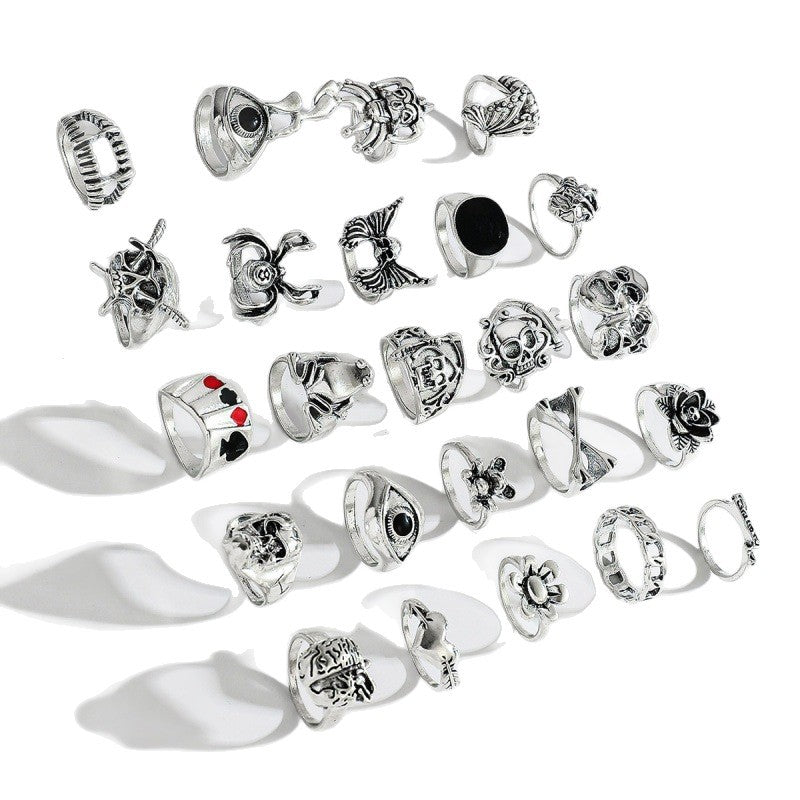 Wholesale Vintage Punk Skeleton  Ring Set 24 Piece Ancient Silver Zinc Alloy Jewelry Accessory