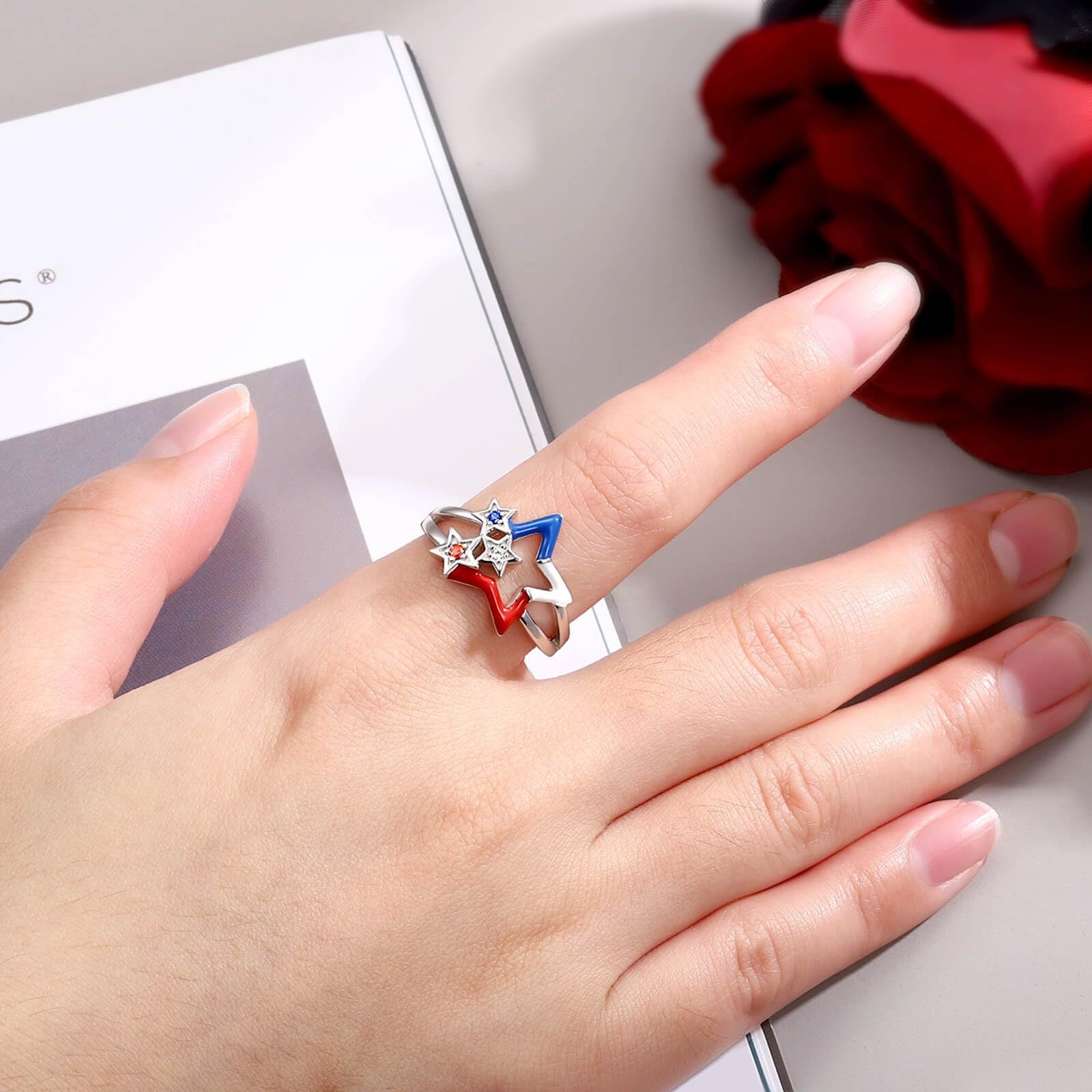 Wholesale American Independence Day Red White Blue Star Ring Oil Dropping Diamond Five-pointed Star Ring