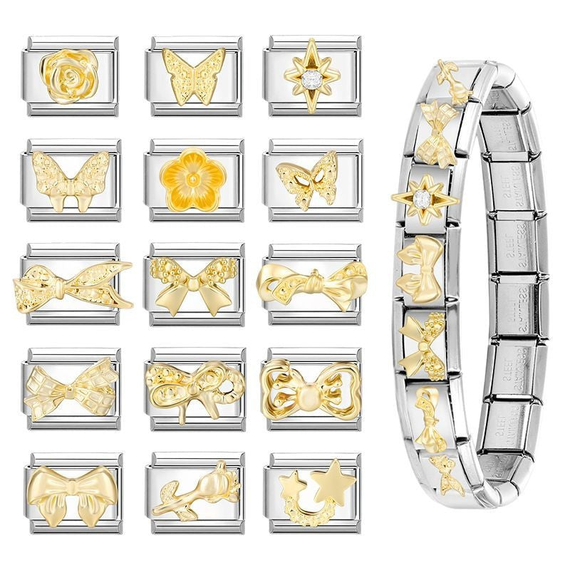 Wholesale Italian Charm Bracelet 9mm DIY Splicing Gold Butterfly Bow Stainless Steel Composable Bracelet