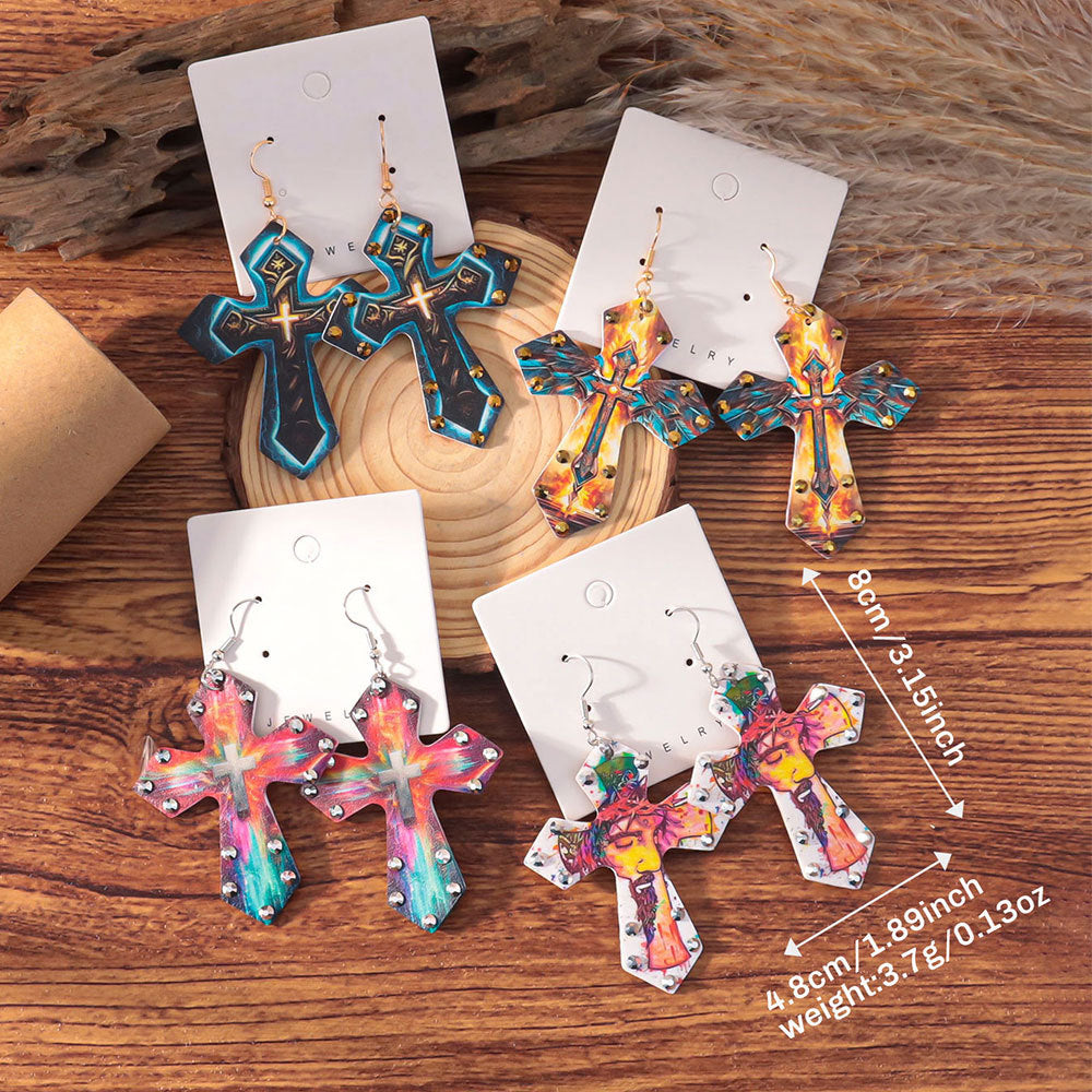 Wholesale Western style colorful rhinestone cross earrings