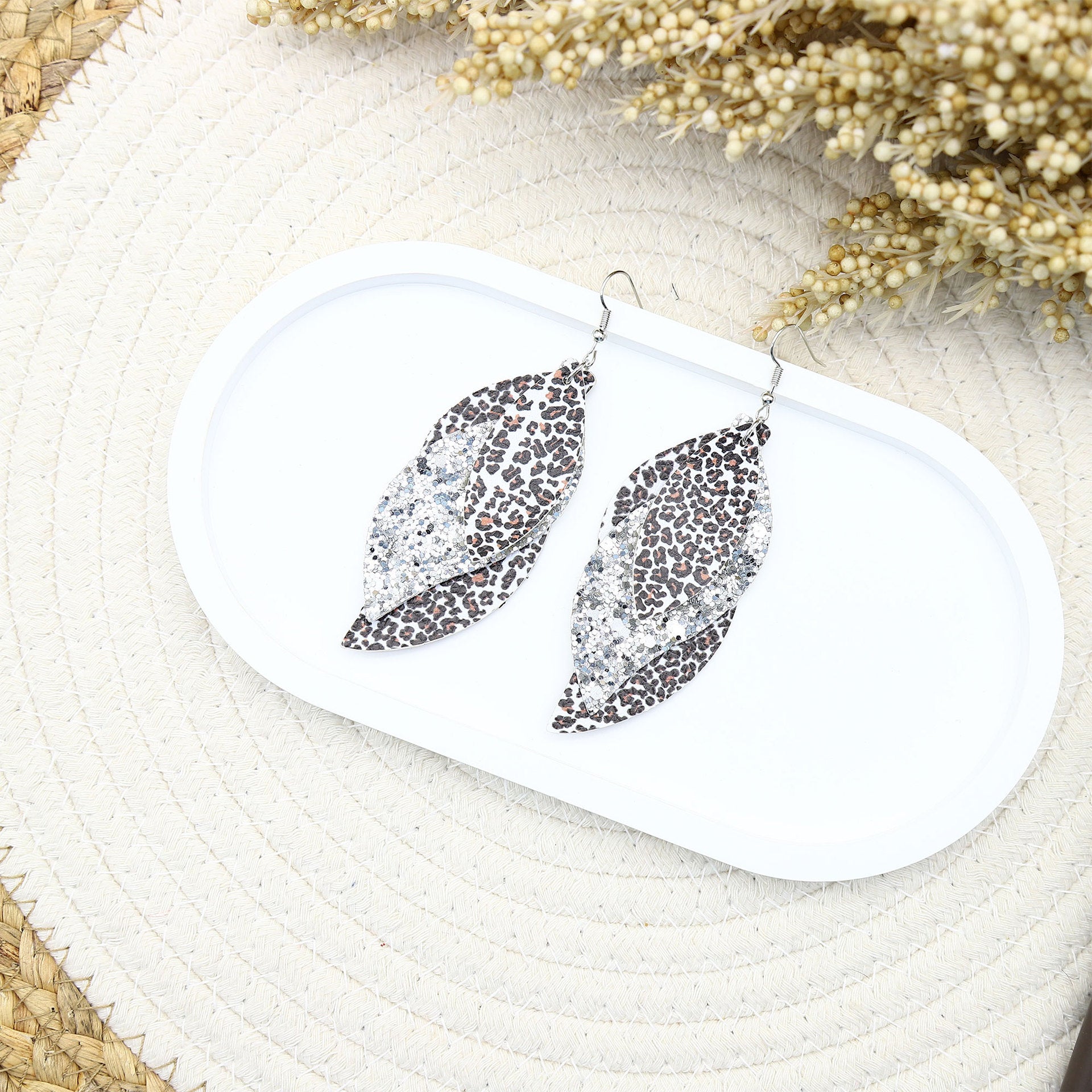 Wholesale  three-layer blade sequins leopard leather earrings