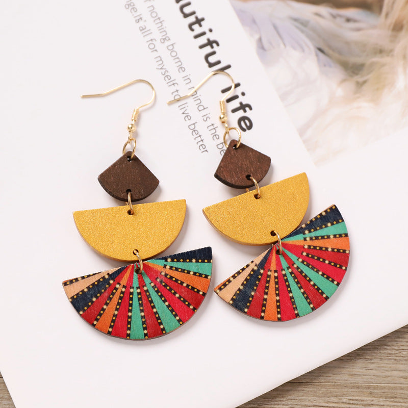 Wholesale Bohemian Wooden Ear Studs Geometric Stripe Ethnic Print Fashion Jewelry Accessory Boutique Gift