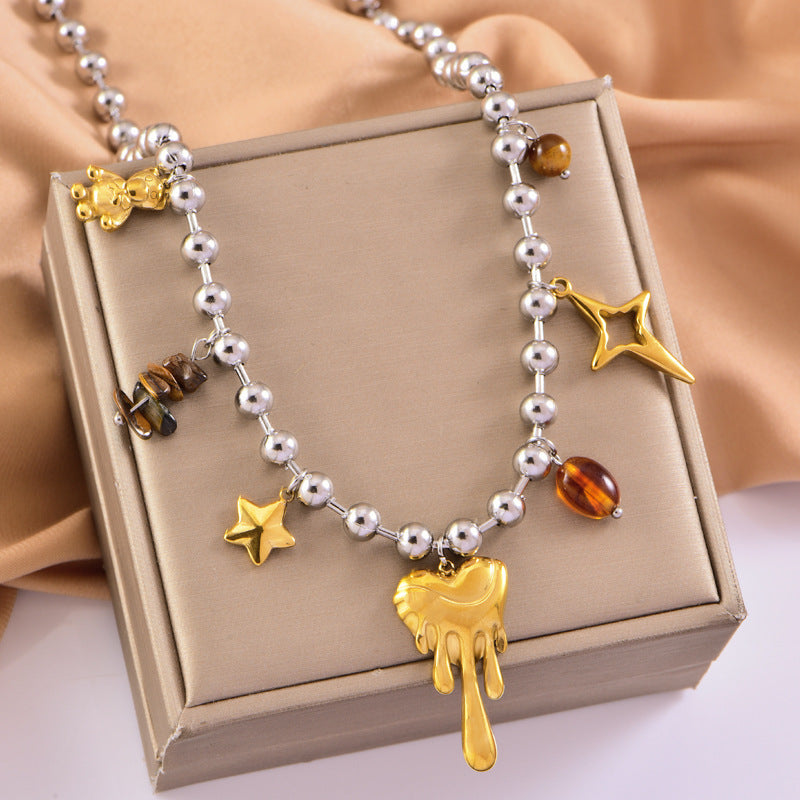 Wholesale Stainless steel two-color mix-and-match beaded thick necklace