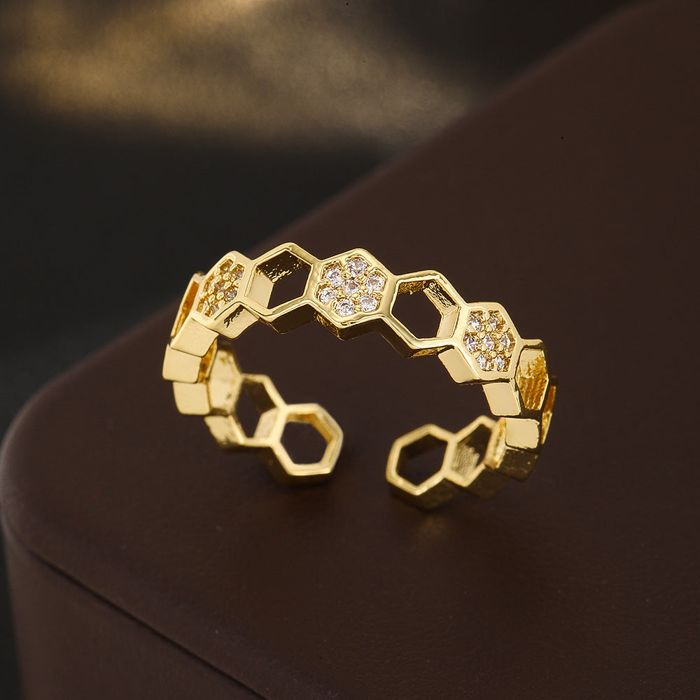 Wholesale Gold Tone Copper Zircon Honeycomb Open Adjustable Ring Chic Everyday Wear Jewelry Accessory