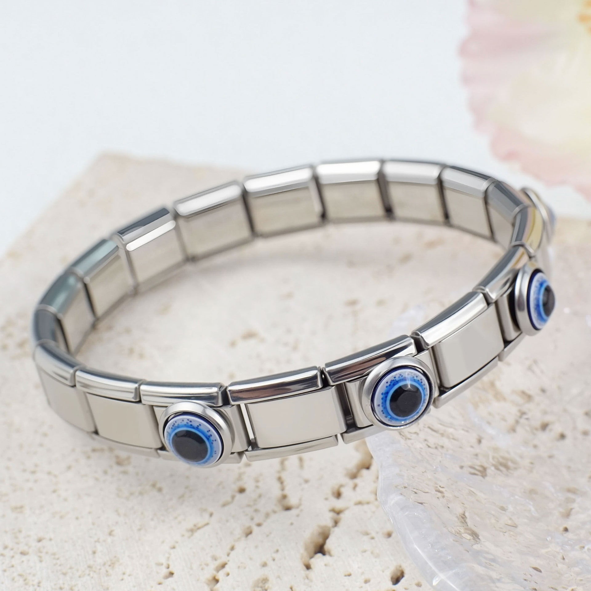 Wholesale 2pcs/pack 9mm Italian Charm Starter Bracelets DIY square Single Section Devil Eye Creative Stainless Steel Composable Bracelet