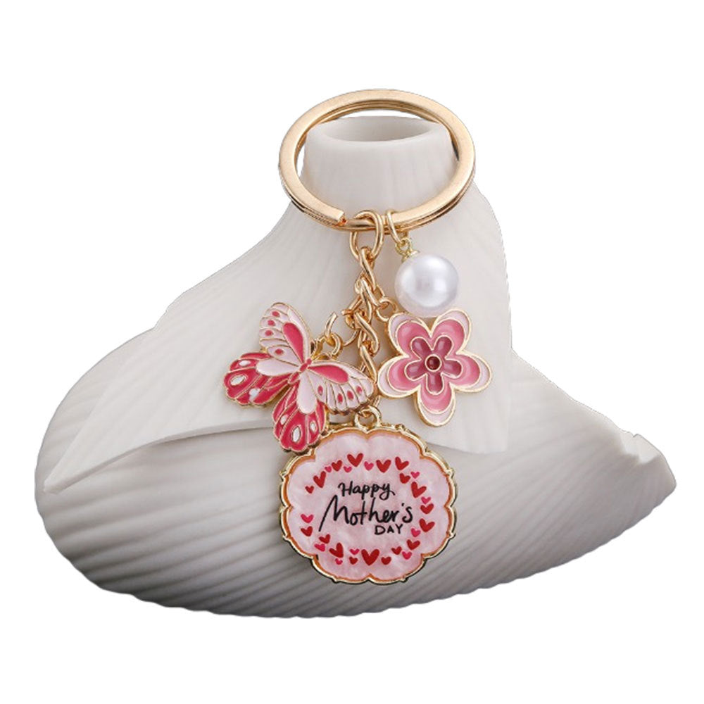 Wholesale Oil Dropping Pink Butterfly Flowers Pearl HAPPYMOTHER' SDAY Keychain Jewelry Pendant