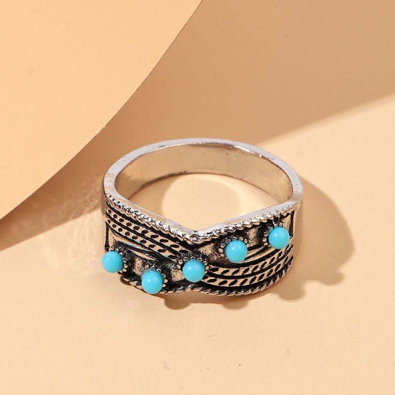 Wholesale 5pcs Vintage Bohemian Inlaid Turquoise Ring