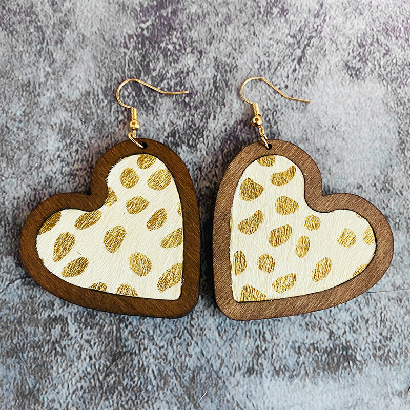 Wholesale Leopard Pattern Cow Pattern Heart Shaped Wooden Earrings ACC-ES-XinChuan010