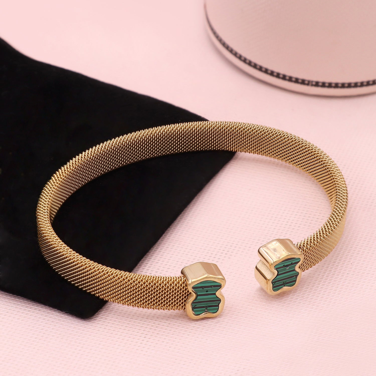 Wholesale Bear Open C-Shape Bracelet with Woven Mesh Strap,  Stainless Steel Boutique Resale Jewelry for Women