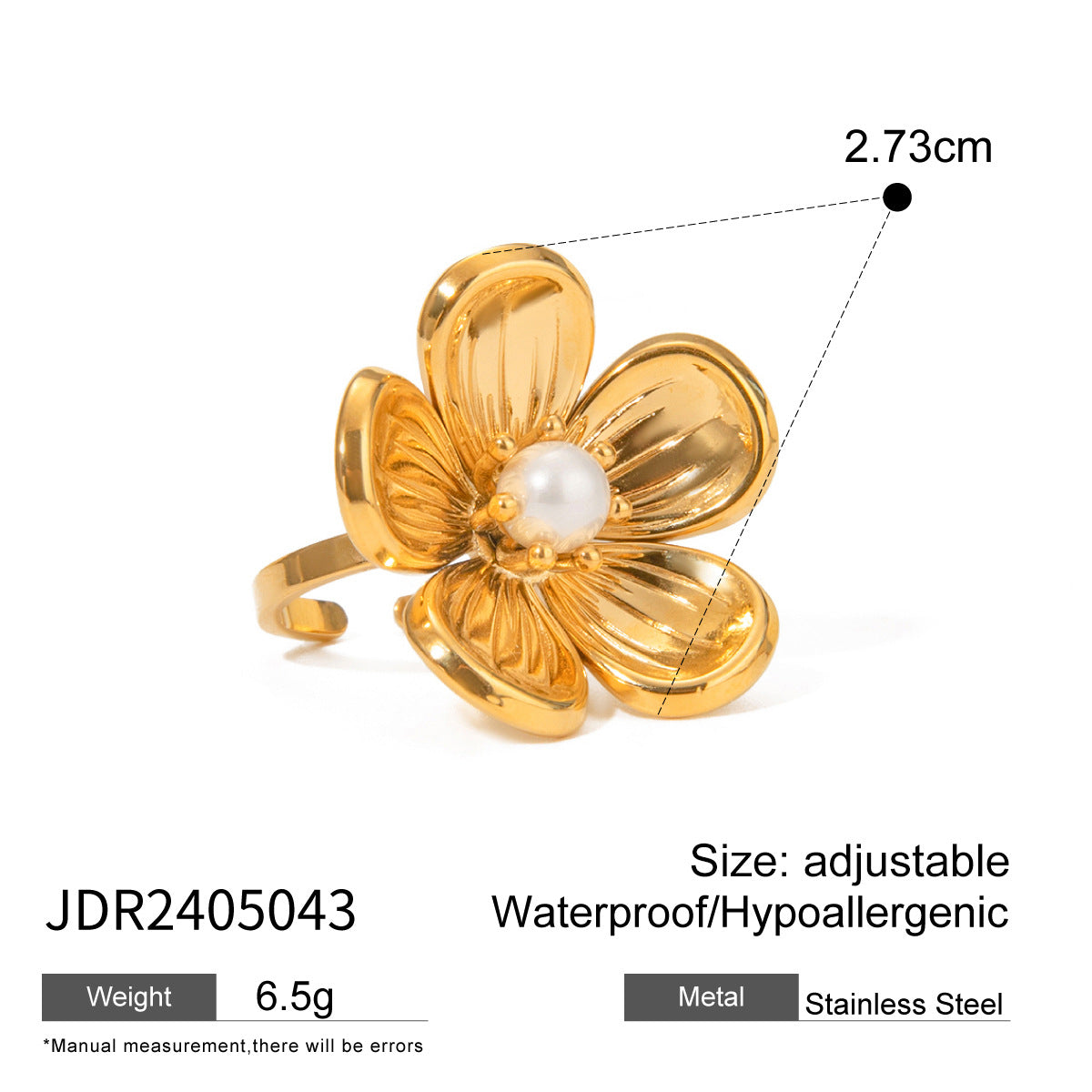 Wholesale  Stainless Steel Flower Pearl Ring Exaggerated High Sense Ring