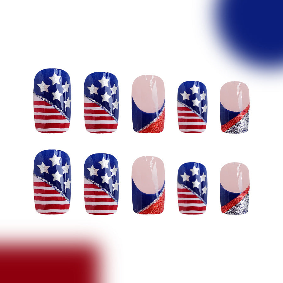 Wholesale 24 Pieces/box American Independence Day Short Glitter Striped Manicure Press-on Nails Kits Nail Stickers ACC-NS-GuaiXL014