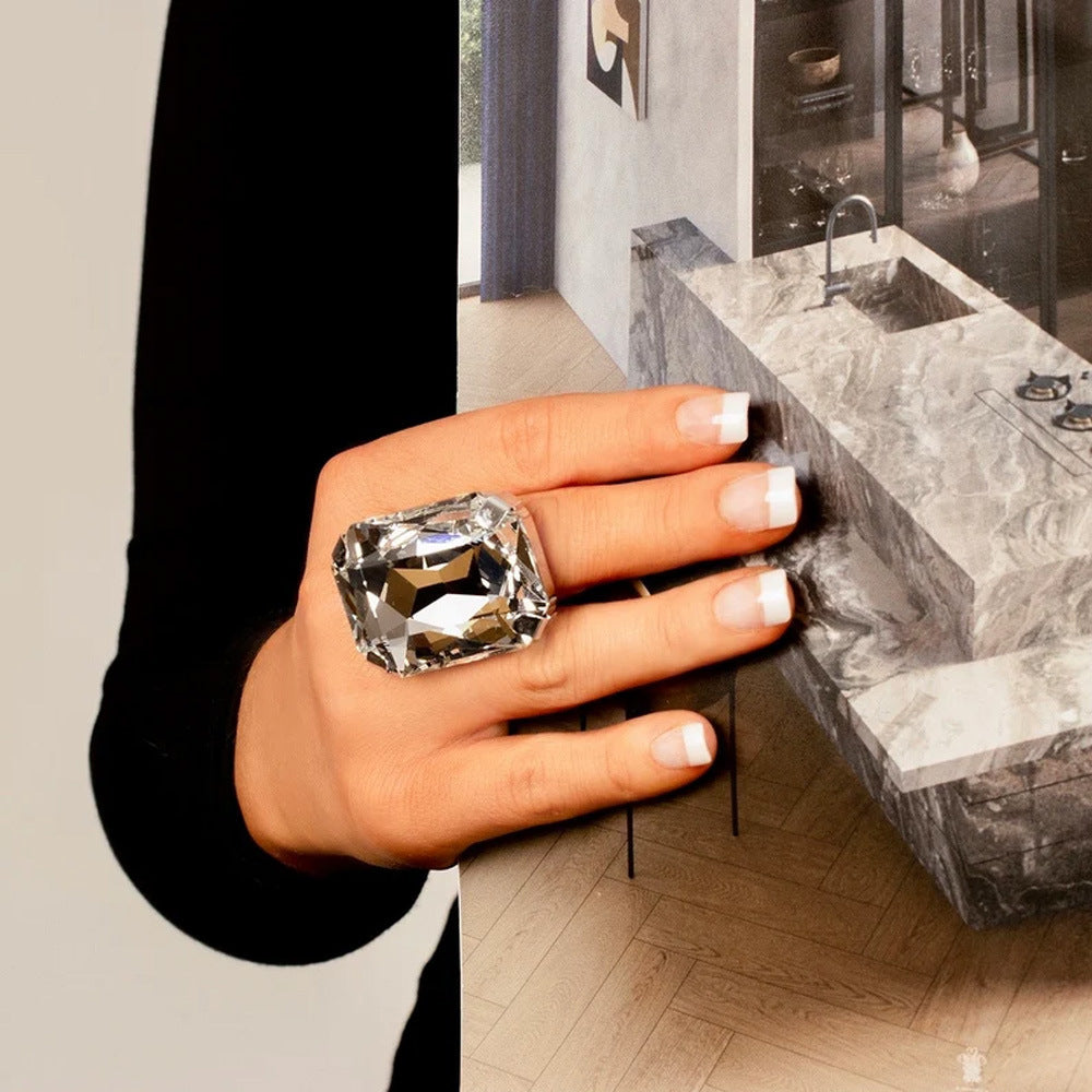 Wholesale  Simple Square Ring  Exaggerated Rhinestone Adjustable Ring