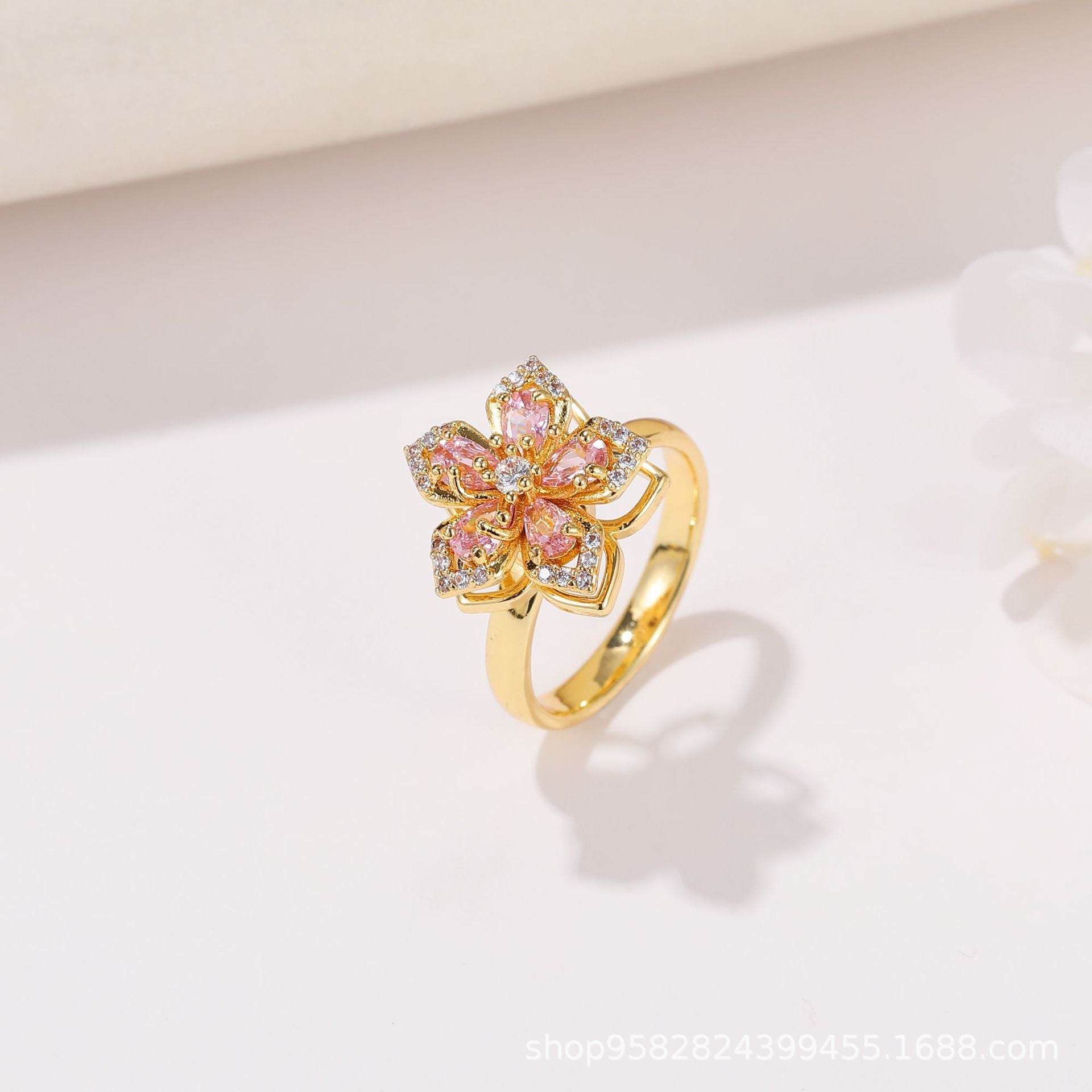 Wholesale 360° Rotating Double-Layer Flower Ring Gold Plated Zircon Fashion Accessory Boutique Gift