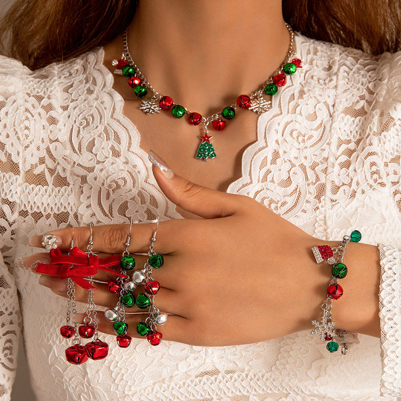 Wholesale Christmas  Cute Red and Green Bells Beaded Three-piece  Earrings Necklace Bracelet Jewelry