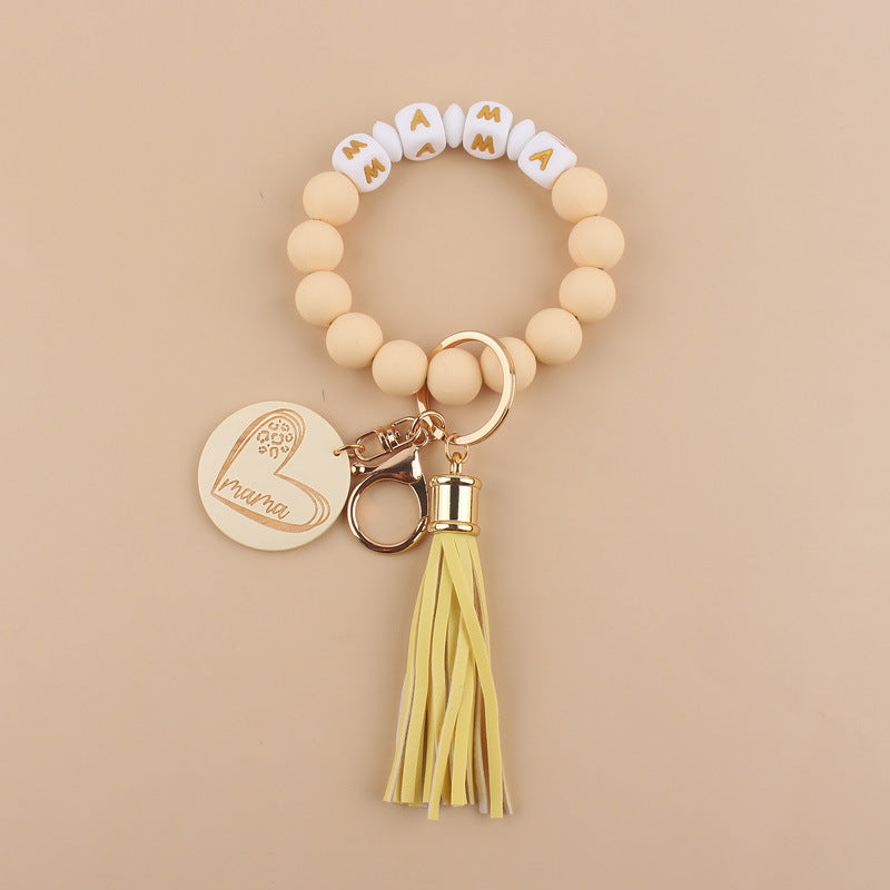 Wholesale Cartoon Love Wooden Brand MAMA Silicone Beaded Wrist Keychain ACC-KC-GuangTian026