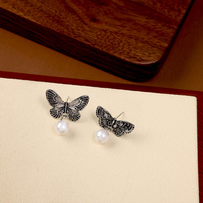 Wholesale Vintage Metallic Asymmetric Butterfly Pearl 925 Silver Needle Earrings ACC-ES-ZhiShifang005