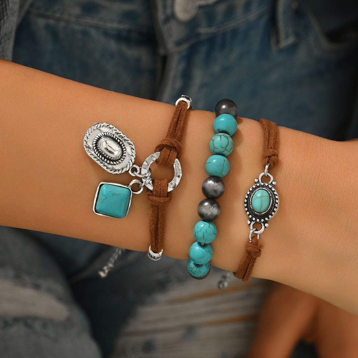 Wholesale Retro Cowboy Turquoise Bracelet Set Women S Handmade Engraved Metal Jewelry 5 Piece Gift Everyday Wear