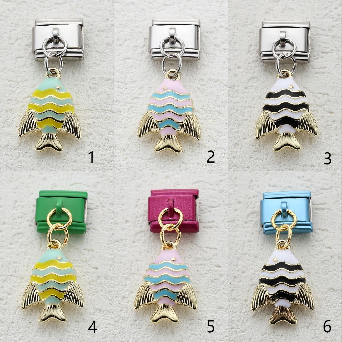 Wholesale 10pcs Italian Charm Bracelet 9mm DIY Splicing Colorful Oil-Drip Tropical Fish Stainless Steel Composable Bracelet