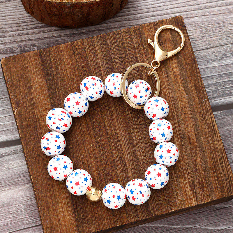Wholesale American Independence Day Star Wood Beads Beaded Wristlet Keychain ACC-KC-YTian016