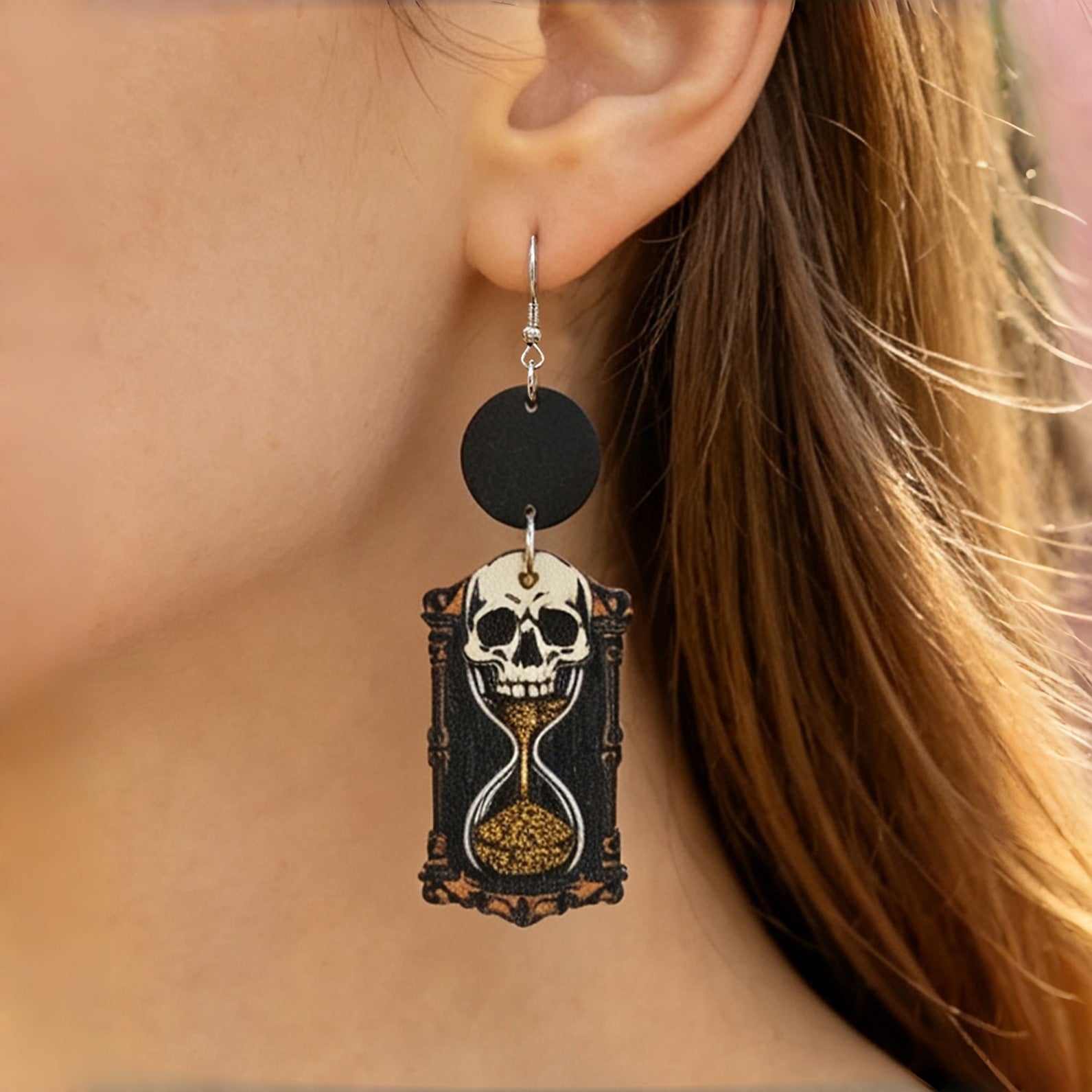 Wholesale Skull Hourglass Wooden Earrings Retro Dark Style  Jewelry Accessory
