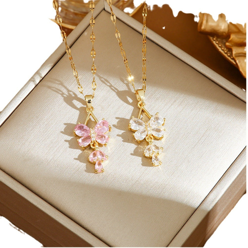Wholesale Titanium Steel Stainless Steel Necklace Butterfly Zircon  Light Luxury Pendant Temperament Necklace