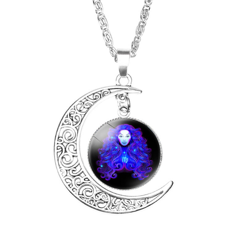 Wholesale Twelve Constellation moon necklace Time Gem crescent moon pendant with chain