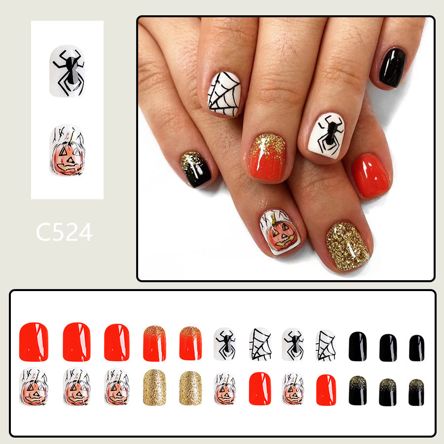 Wholesale 24 Pieces/box Halloween Pumpkin Orange Glitter Press-on Nails Kits Nail Stickers ACC-NS-GuaiXL072