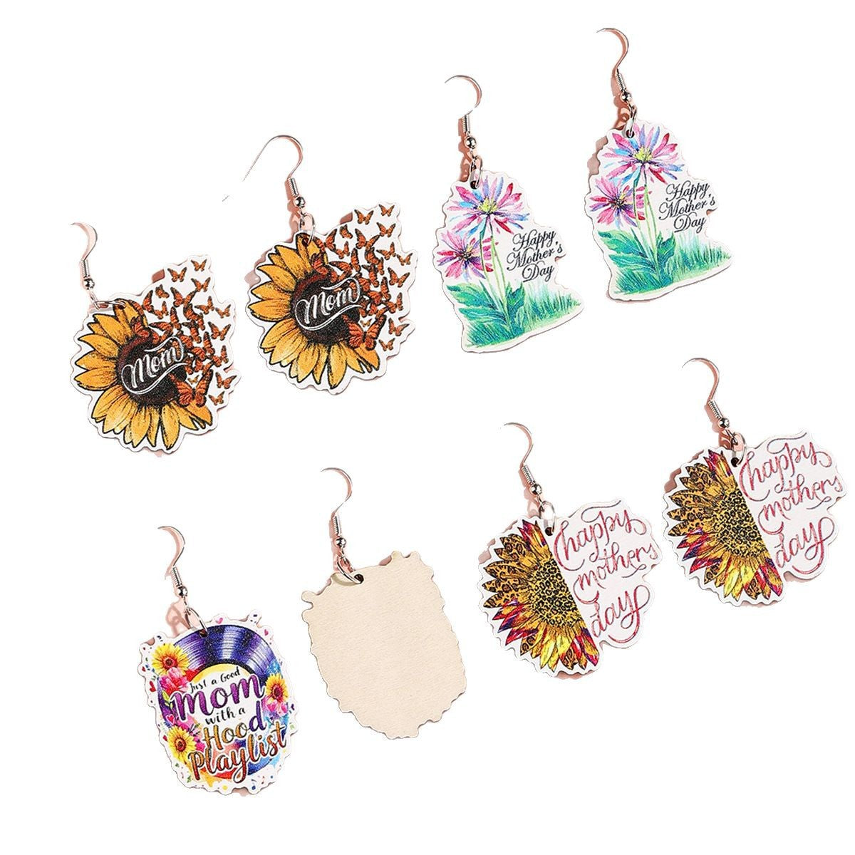 Wholesale  Mother's Day mom Wood Earrings Sunflower Butterfly Printed Earrings Colorful Flower Earrings