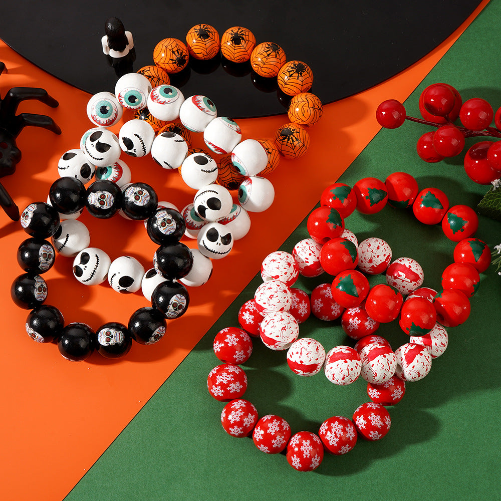Wholesale  ghost face white background printed wooden bead elastic bracelet