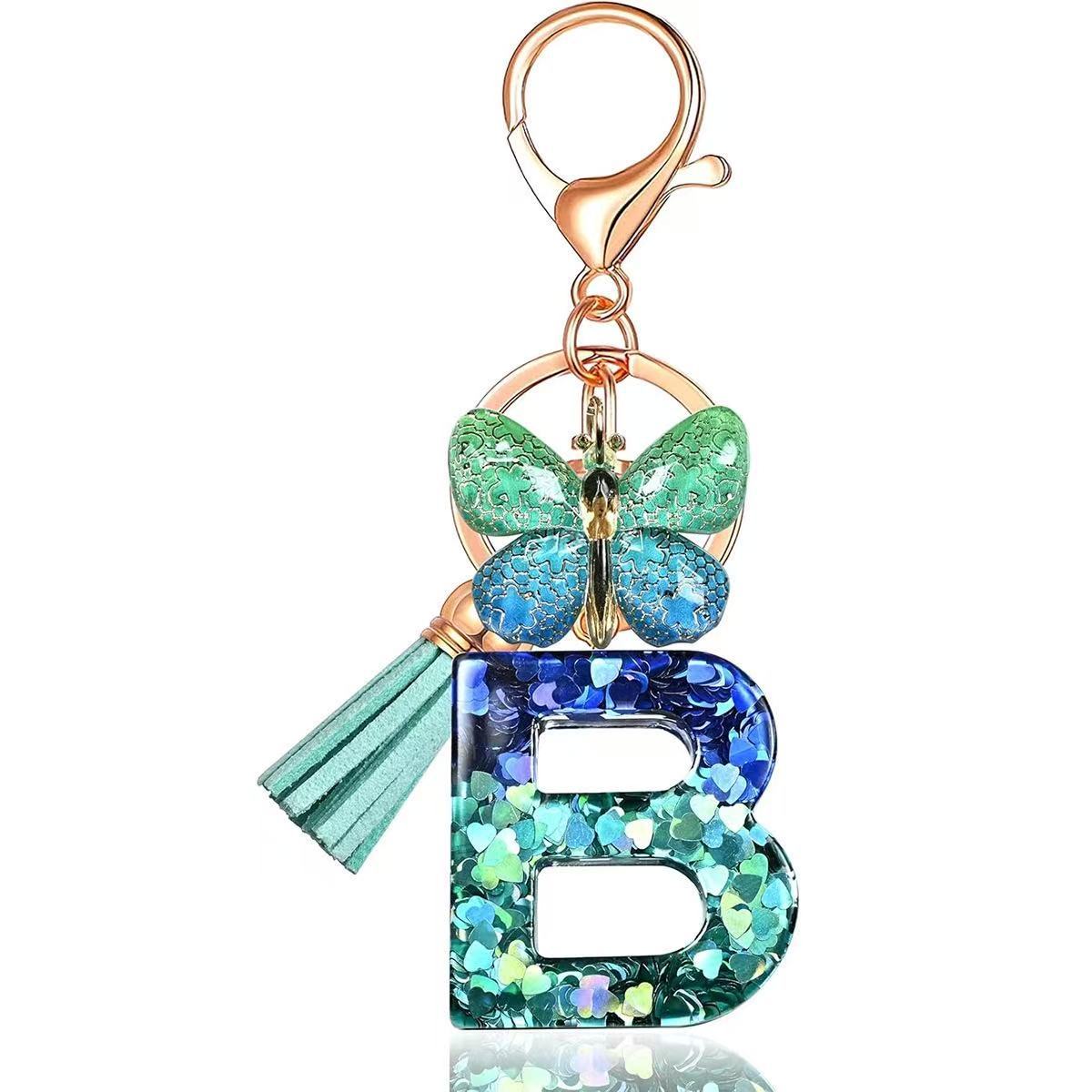 Wholesale Resin Alphabet Keychain With Butterfly Tassel Blue Gradient Vacation Style Fashion Accessory For Bags And Keys