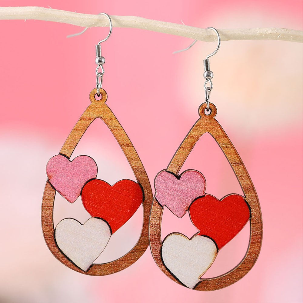 Wholesale water drop lovely double-sided wooden Valentine's Day earrings