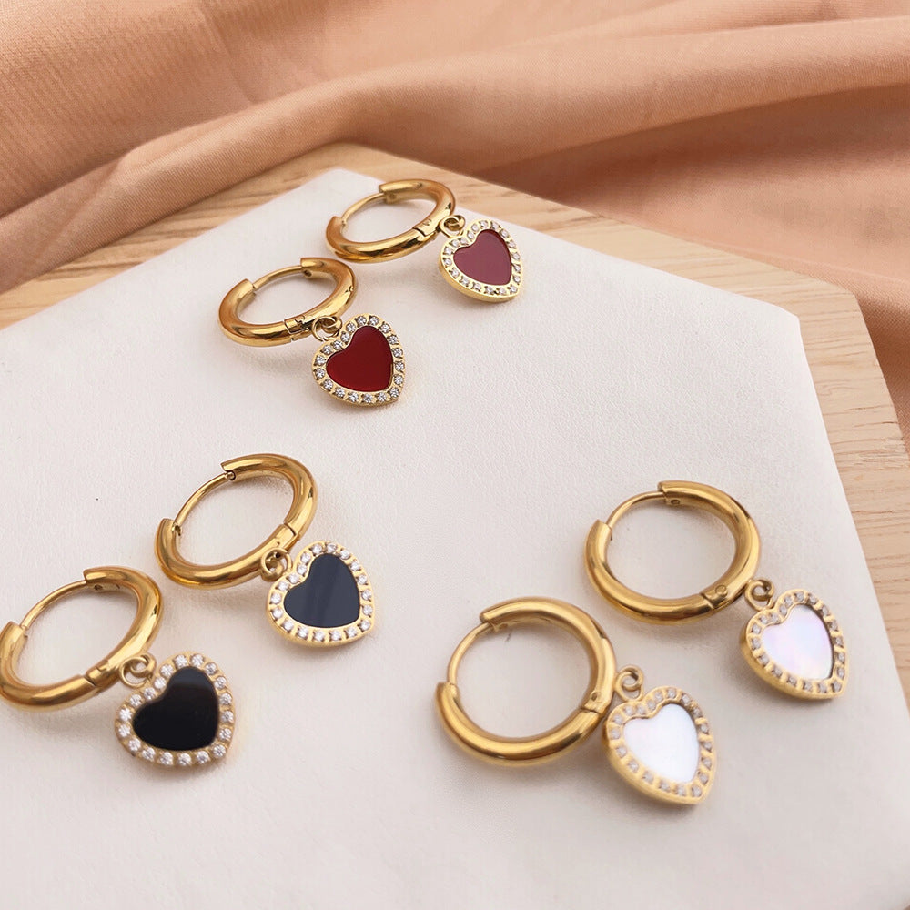 Wholesale Valentine's Day Retro Love Heart Full Diamond Circle Titanium Steel Earrings