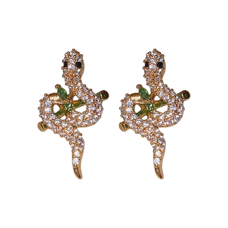 Wholesale Real Gold  Silver Needle Zircon Snake Oil Dropping Bamboo Earrings