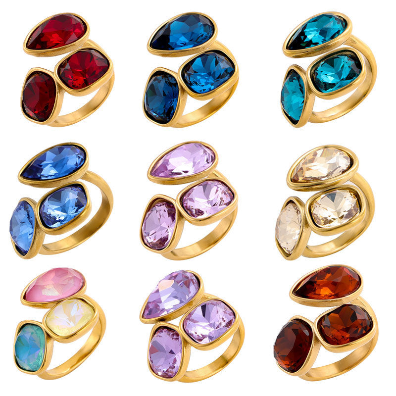 Wholesale Colorful titanium steel 18K gold-plated open water droplet square ring