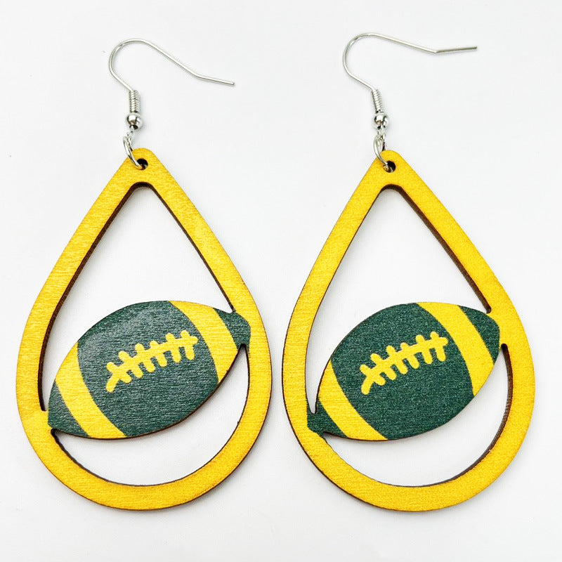 Wholesale 2pairs/pack Football Teardrop Shaped Cheerleading Sports Wooden Earrings ACC-ES-HY112