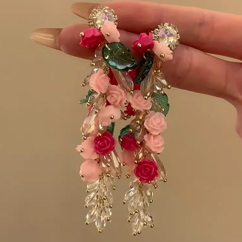 Wholesale Pink Flower Crystal Tassel Earrings