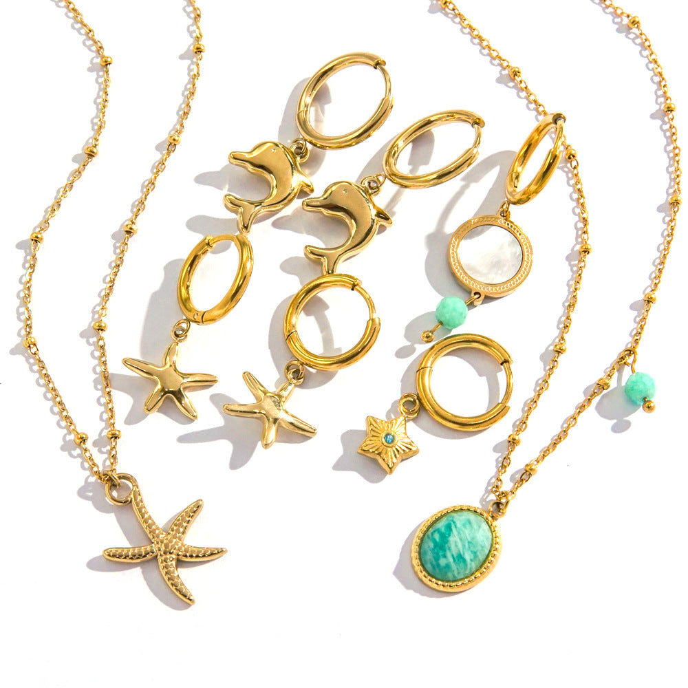 Wholesale Stainless Steel Tropical Sea Elements Starfish Dolphin Necklace Earrings Jewelry suit